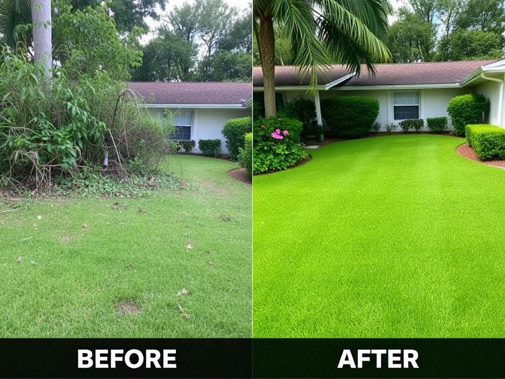 Before and after residential lawn transformation