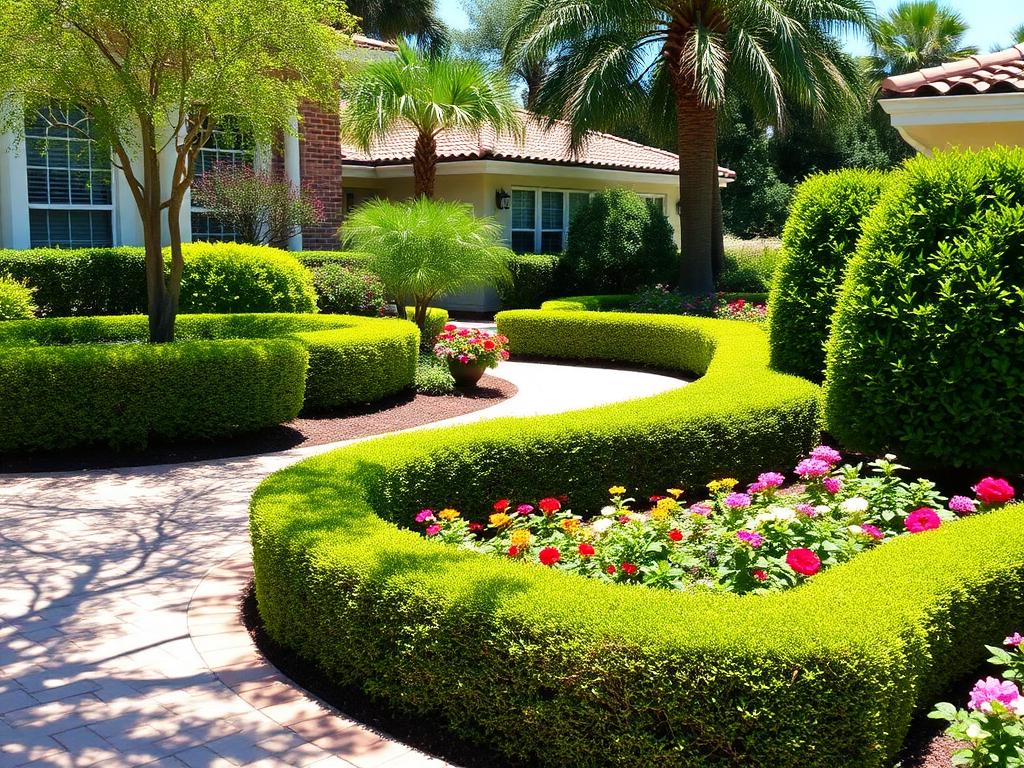 Manicured garden with trimmed hedges and flowers