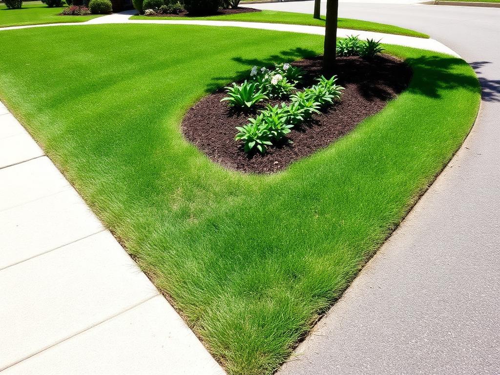 Freshly edged lawn border with mulched flower bed