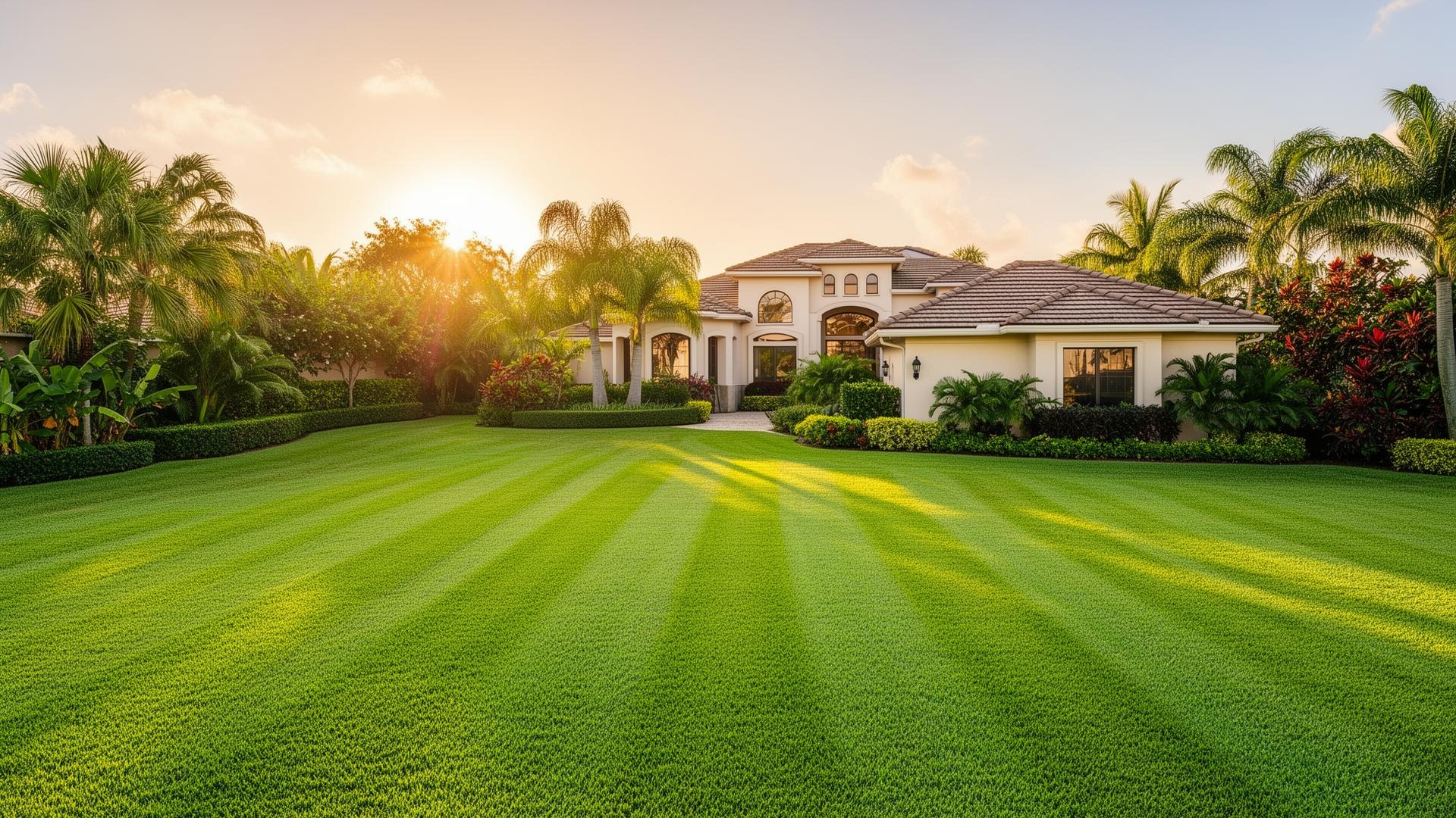 Freshly mowed bright green lawn in front of a Florida home
